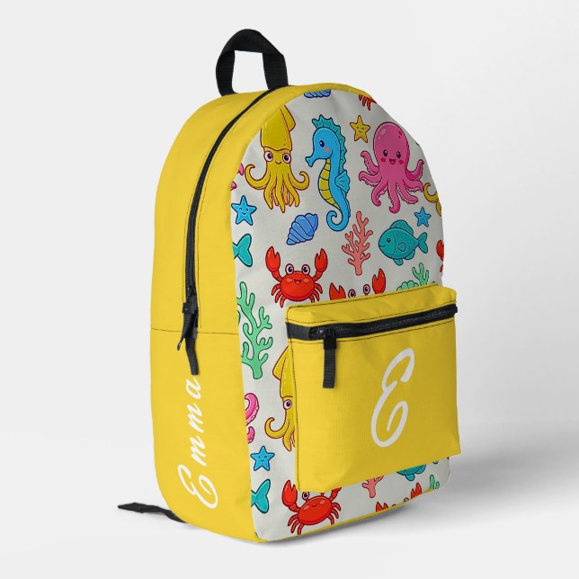 Cute Sea Animals Pattern Custom Monogram Name Kids Printed Backpack (Back Corner Left)