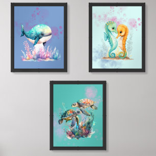 Cute Sea Animals Wall Art, Baby Nursery Art Sets