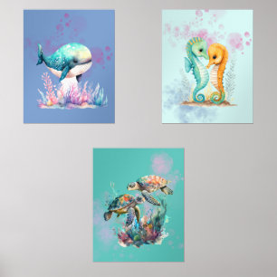 Cute Sea Animals Wall Art, Baby Nursery Art Sets