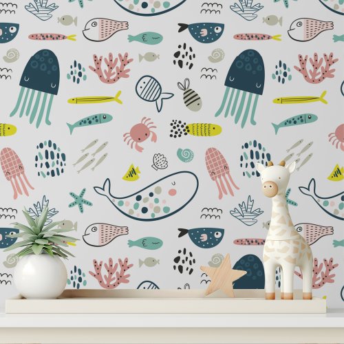 Cute Sea Creatures Fish Whales Kids Pattern Wallpaper