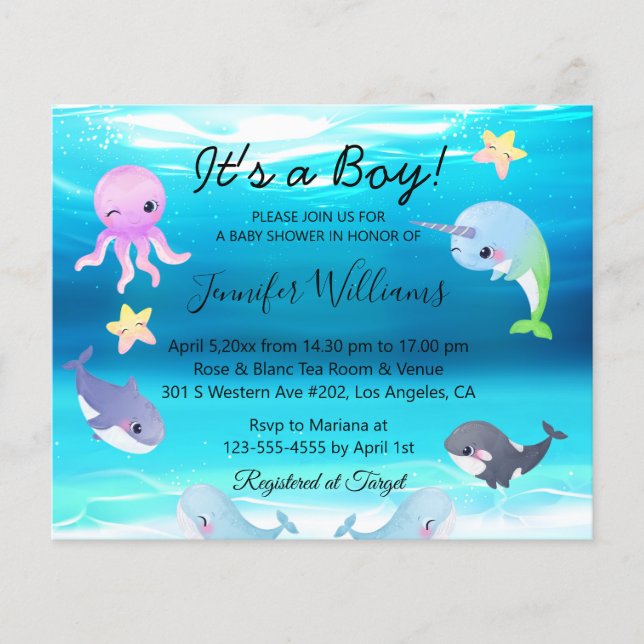 Cute Sea Creatures Ocean Boy Baby Shower Invite Flyer (Front)