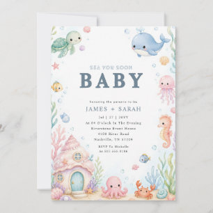 Cute Sea Creatures Sea You Soon Baby Shower Invitation