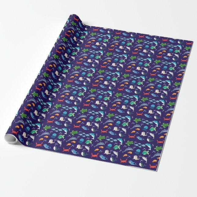 Cute sea creatures swimming underwater wrapping paper (Unrolled)