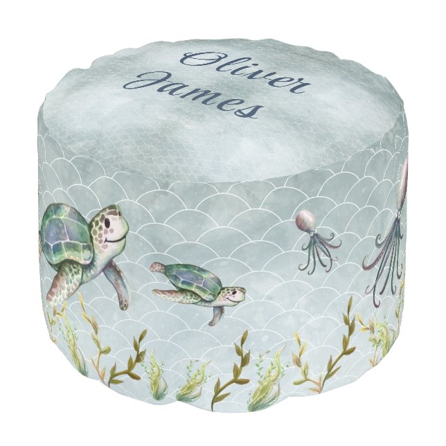 Cute Sea Creatures Turtle Octopus Seahorse Kids Pouf (Angled Front)