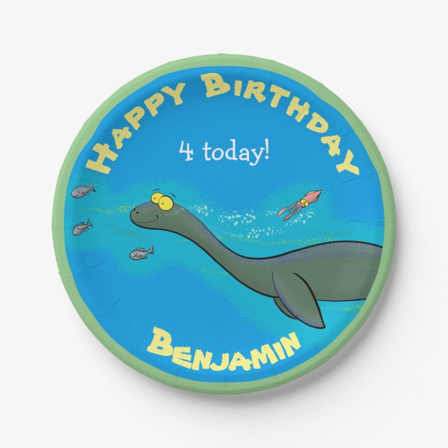 Cute sea dinosaur cartoon personalized birthday paper plates (Front)
