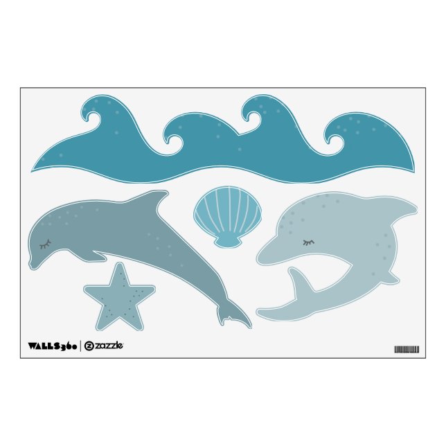 Cute Sea Dolphins Waves Blue Nursery Wall Stickers (Front)