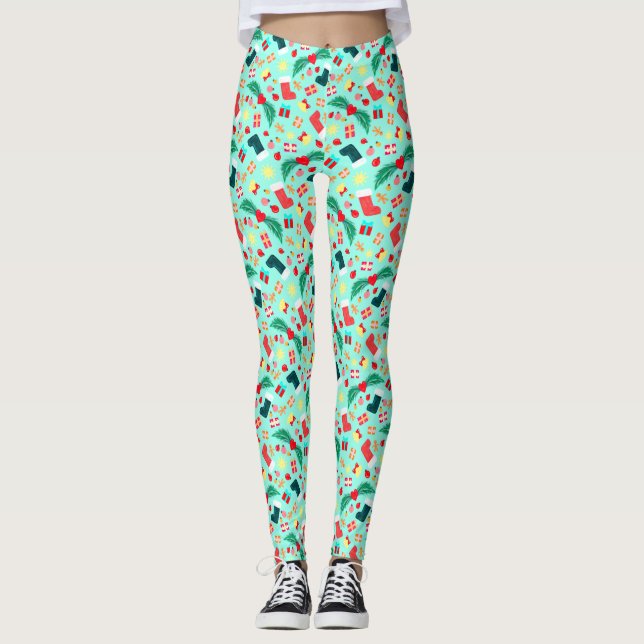 Cute Sea Green Christmas Pattern Colorful Holiday Leggings (Front)