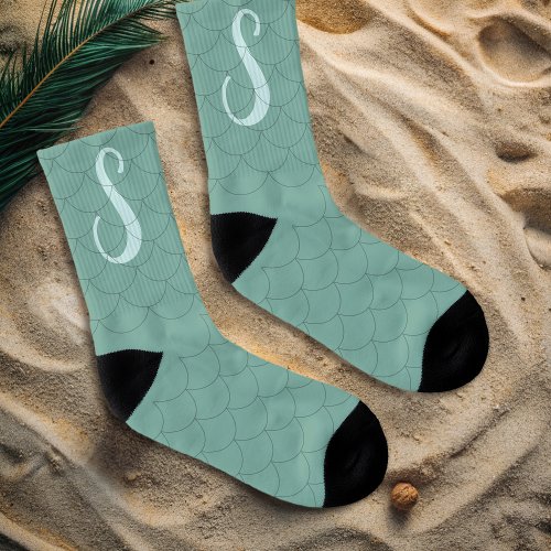 Cute Sea Green Mermaid Scales Monogram Socks