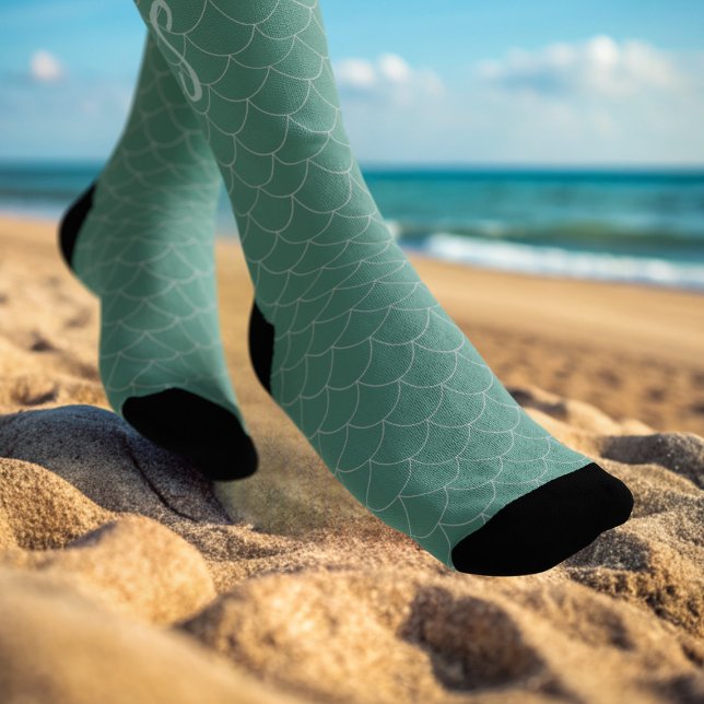 Cute Sea Green Mermaid Scales Monogram Socks (Do you want to be a mermaid? Fun pair of fish scale patterned socks with space for your initial)