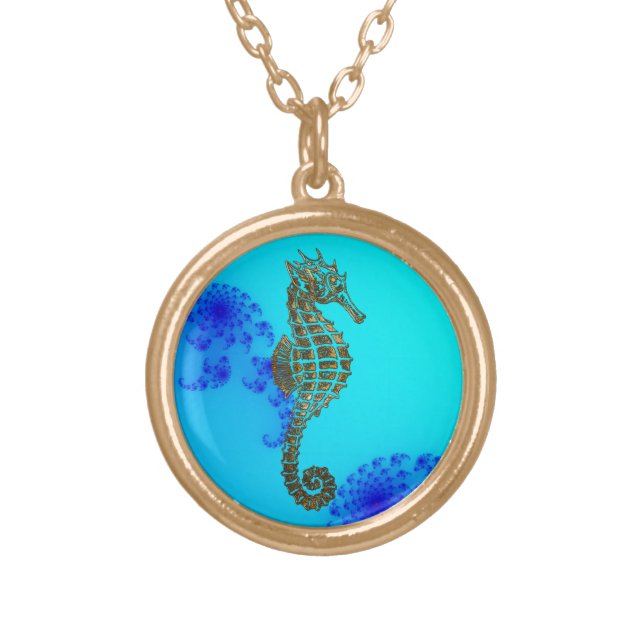 Cute Sea Horse Marine Animal Gift Gold Plated Necklace (Front)