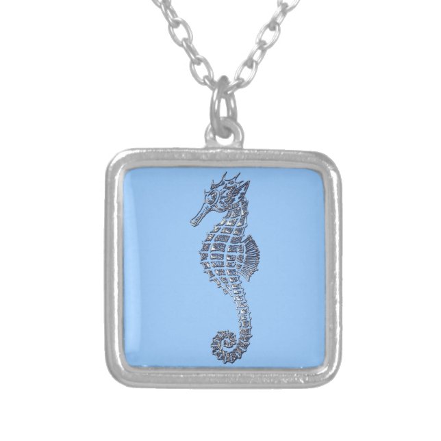 Cute Sea Horse Marine Animal Gift Silver Plated Necklace (Front)