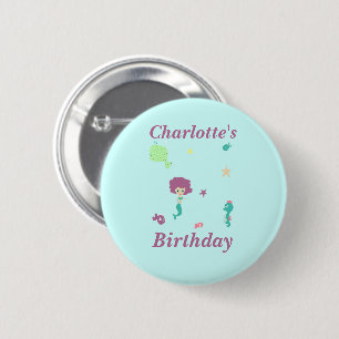 Cute sea life mermaid fishes name on blue button