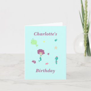 Cute sea life mermaid fishes name on blue letterpress thank you card
