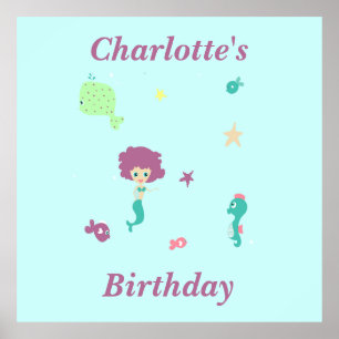 Cute sea life mermaid fishes name on blue poster