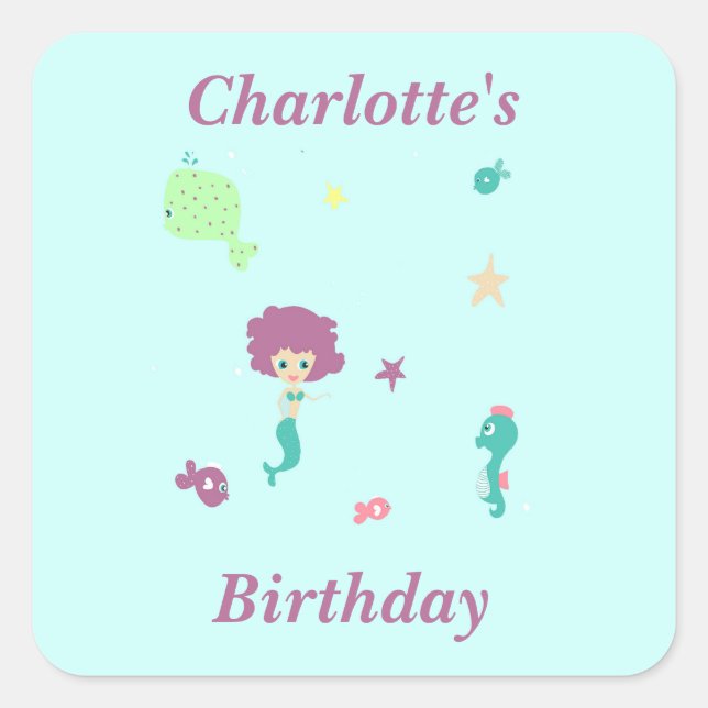 Cute sea life mermaid fishes name on blue square sticker (Front)