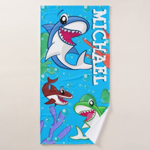 Cute Sea Life Shark Blue Ocean Kids name Bath Towel Set