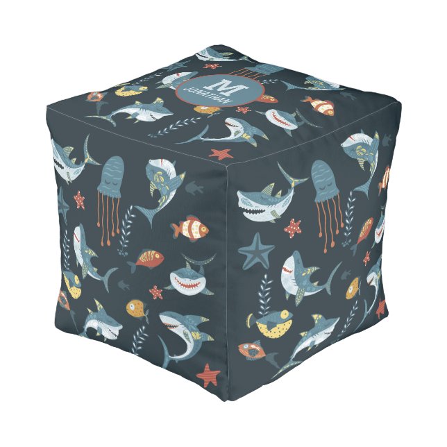 Cute Sea Life Shark Dance Monogram Pouf (Angled Front)