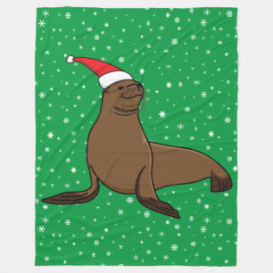 Cute Sea Lion in a Santa Hat Fleece Blanket