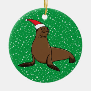 Cute Sea Lion in Santa Hat Christmas Ceramic Ornament