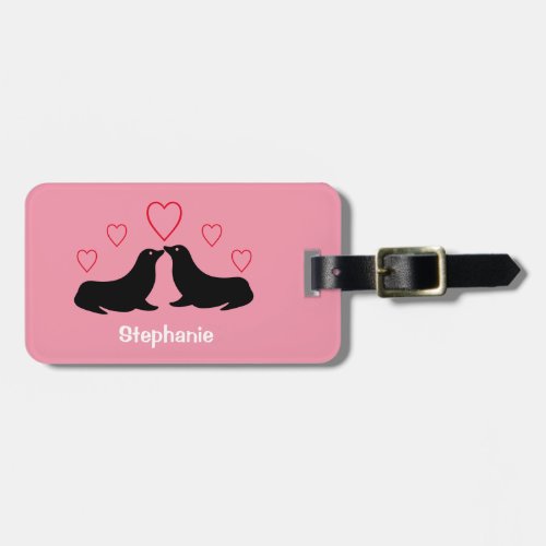 Cute Sea Lions Girly Name Pink Luggage Tag