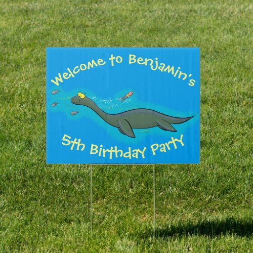 Cute sea monster plesiosaur cartoon illustration sign