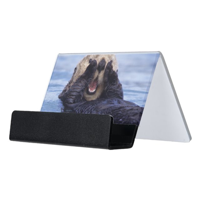 Cute Sea Otter | Alaska, USA Desk Business Card Holder (Angled Front)