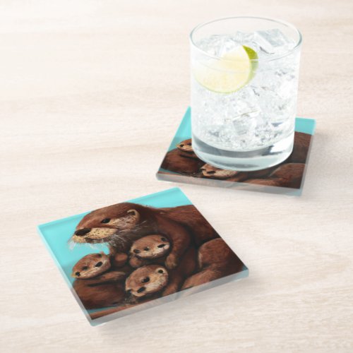 Cute Sea Otter Family in the Water Glass Coaster