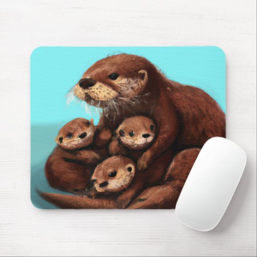 Cute Sea Otter Family in the Water Mouse Pad