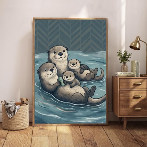 Cute Sea Otter Family Nursery Art Chevron Poster