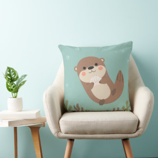 Cute Sea Otter Holding Seashell Throw Pillow
