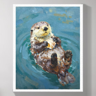 Cute Sea Otter Impressionist Painting Canvas Photo Tile
