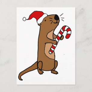 Cute Sea Otter in Santa Hat Christmas Cartoon Holiday Postcard