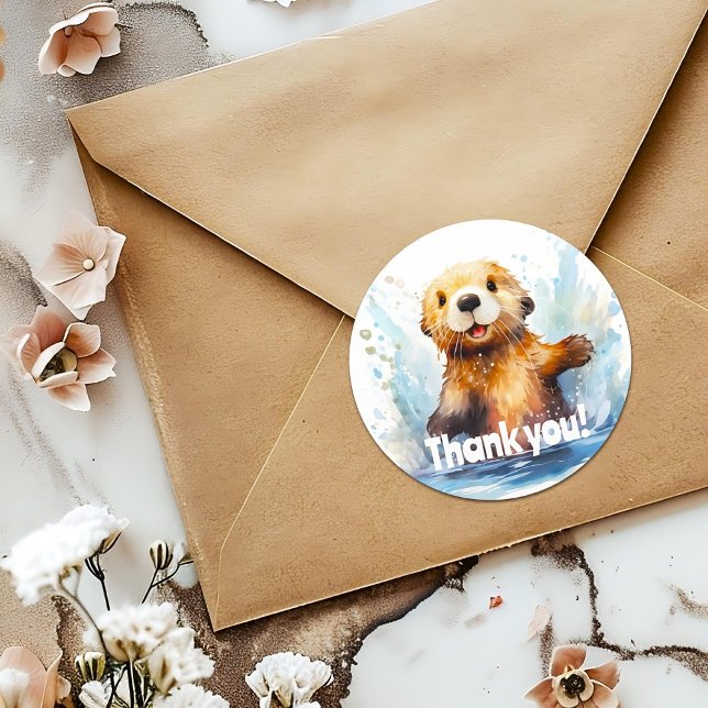 Cute Sea Otter in Water Thank You Personalized Classic Round Sticker (Creator Uploaded)