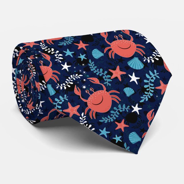 Cute sea pattern with crabs. neck tie (Rolled)
