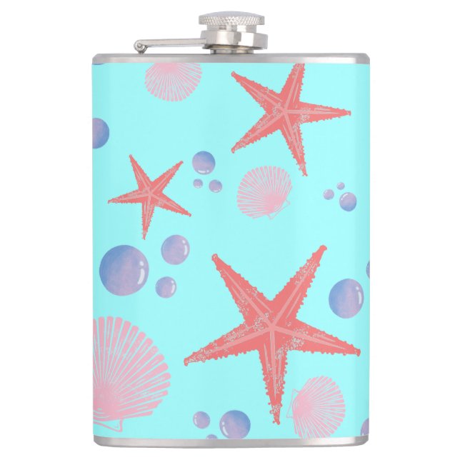 Cute Sea Shell starfish Coastal Summer Ocean Beach Flask (Front)