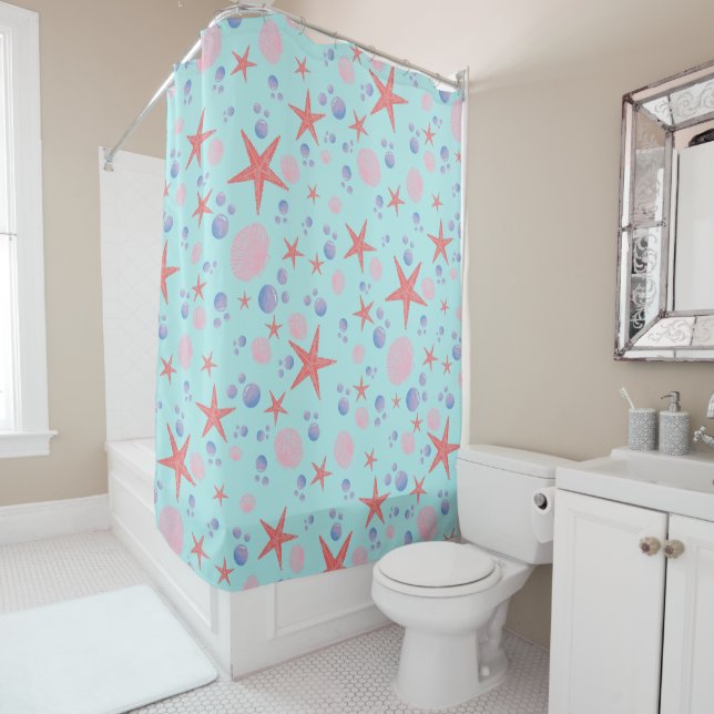 Cute Sea Shell starfish Coastal Summer Ocean Beach Shower Curtain (In Situ)