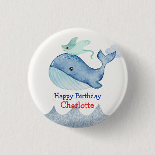 Cute Sea stingray whale fish Birthday party Button