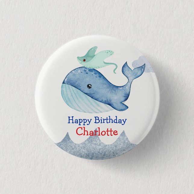 Cute Sea stingray whale fish Birthday party Button (Front)
