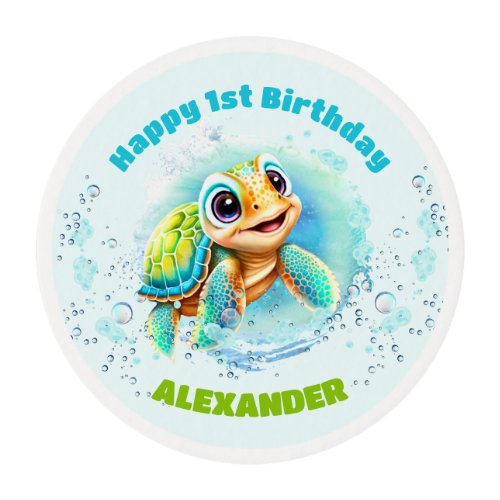 Cute Sea Turtle 1st Birthday Boy Edible Frosting Rounds