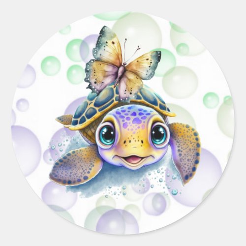 Cute Sea Turtle and a Butterfly Baby Shower Classic Round Sticker