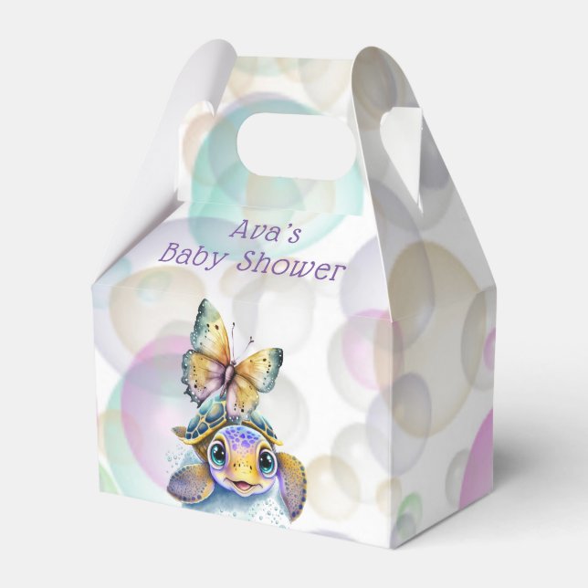 Cute Sea Turtle and a Butterfly Baby Shower Custom Favor Boxes (Front Side)