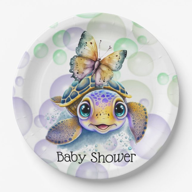 Cute Sea Turtle and a Butterfly Baby Shower Paper Plates (Front)