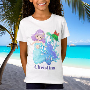 Cute sea turtle and mermaid add name t-shirt