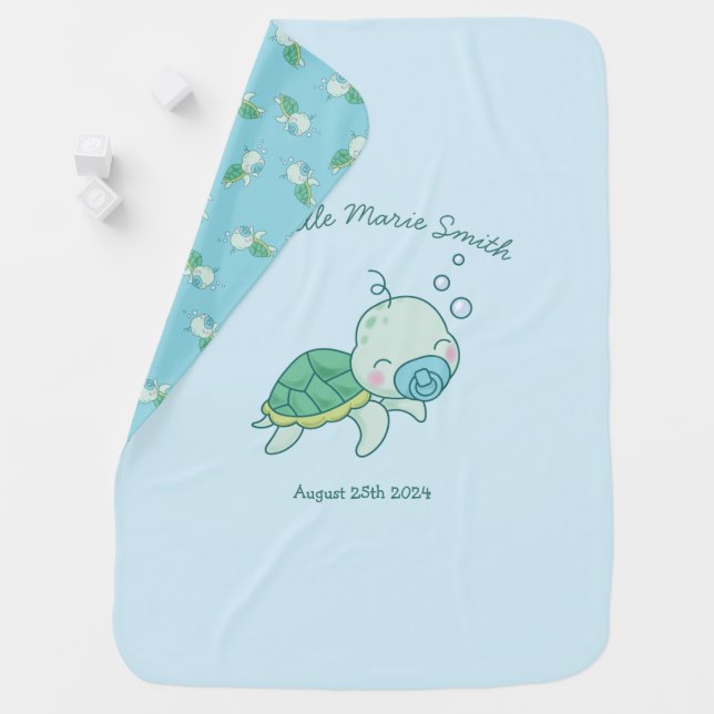 Cute Sea Turtle Baby Shower Kawaii Blue Boy Baby Blanket (In Situ)