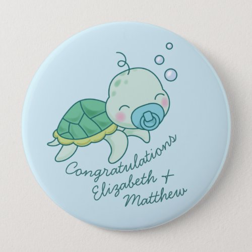 Cute Sea Turtle Baby Shower Kawaii Blue Boy Button