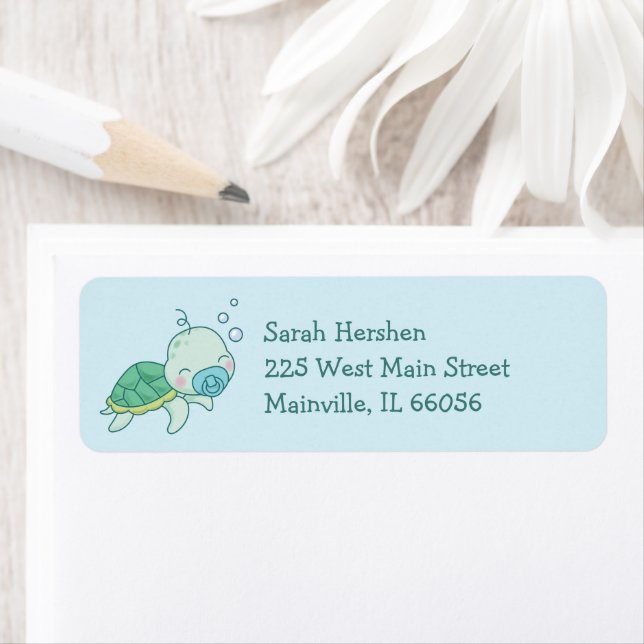 Cute Sea Turtle Baby Shower Kawaii Blue Boy Label (Insitu)
