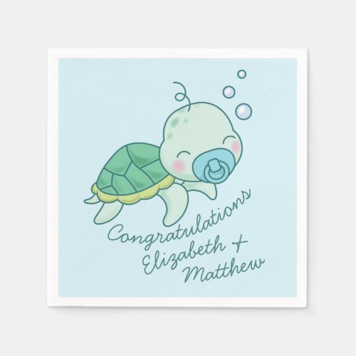 Cute Sea Turtle Baby Shower Kawaii Blue Boy Napkins