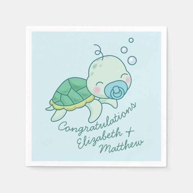 Cute Sea Turtle Baby Shower Kawaii Blue Boy Napkins (Front)