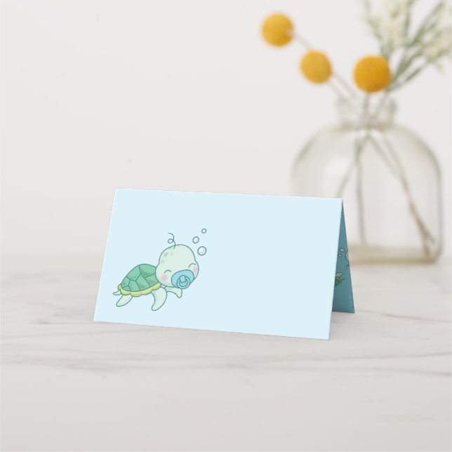 Cute Sea Turtle Baby Shower Kawaii Blue Boy Place Card (Front)