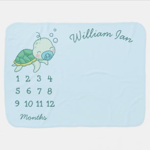 Cute Sea Turtle Baby Shower Kawaii Blue Milestone Blanket